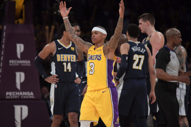 Los Angeles Lakers guard Isaiah Thomas (3) celebrates in the fourth quarter against the Denver Nuggets during an NBA basketball game at Staples Center. The Lakers defeated the Nuggets 112-103.