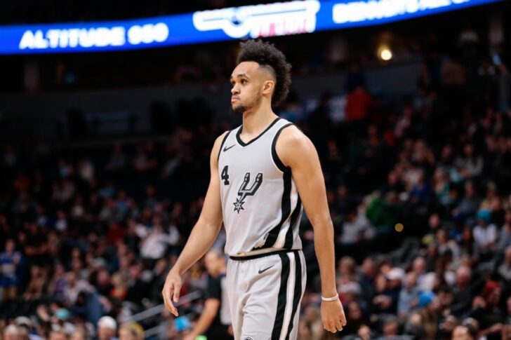 Feb 13, 2018; Denver, CO, USA; San Antonio Spurs guard Derrick White (4) in the fourth quarter against the Denver Nuggets at the Pepsi Center. Mandatory Credit: Isaiah J. Downing-USA TODAY Sports