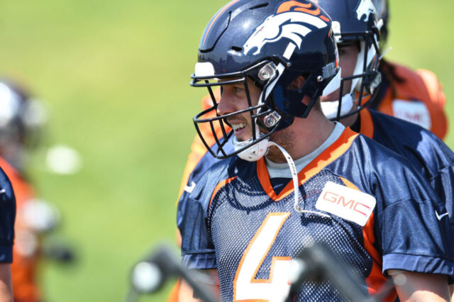 Denver Broncos quarterback Case Keenum (4) participates in drills during mini camp at the UCHealth Training Center.