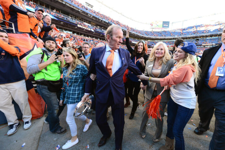 Denver Broncos owner Pat Bowlen celebrates the 26-16 victory against the New England Patriots following the 2013 AFC Championship football game at Sports Authority Field at Mile High.