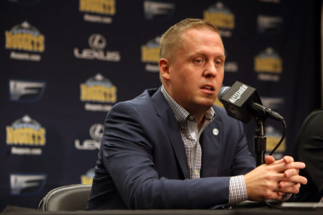 Denver Nuggets general manager Tim Connelly answers questions during a press conference during the media day at Pepsi Center