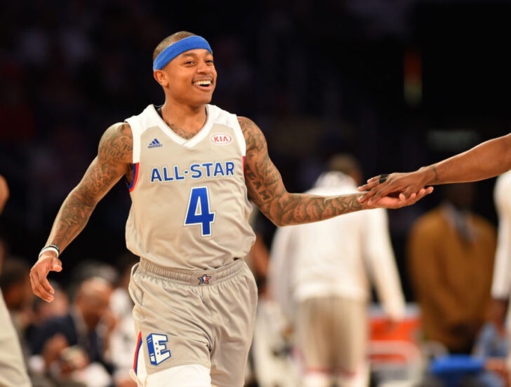 Eastern Conference guard Isaiah Thomas of the Boston Celtics (4) reacts in the 2017 NBA All-Star Game at Smoothie King Center.