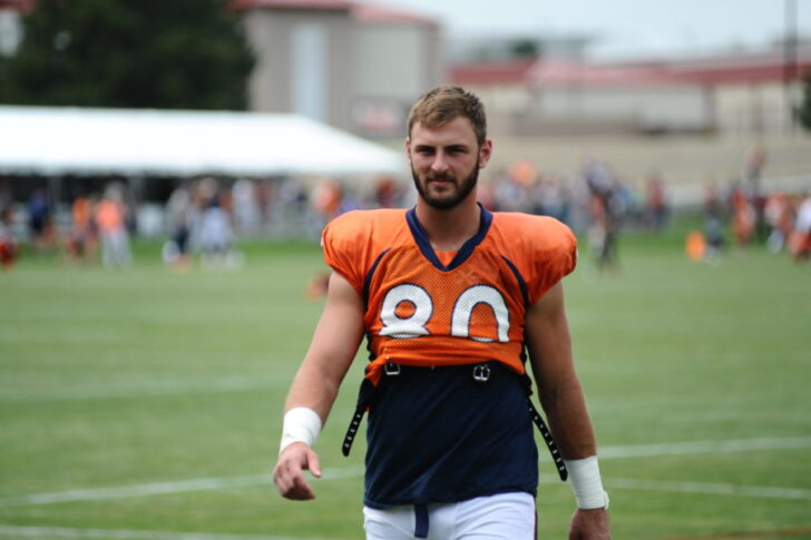Denver Broncos tight end (TE) Jake Butt walks off the field after practice at UC Health Training Center.