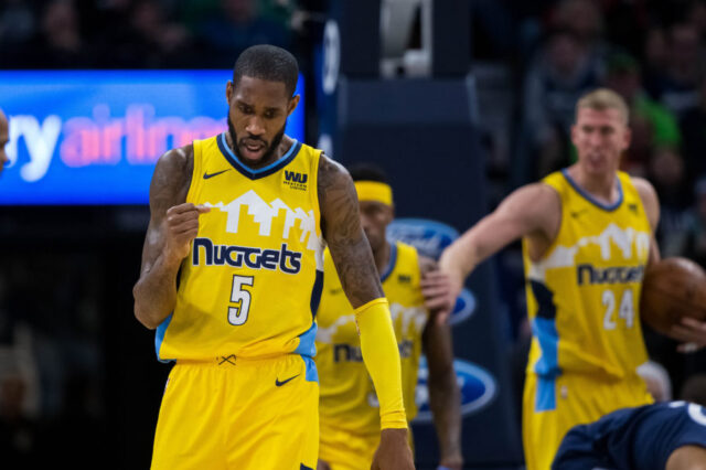 Denver Nuggets guard Will Barton (5) celebrates his basket in the fourth quarter against the Minnesota Timberwolves at Target Center.
