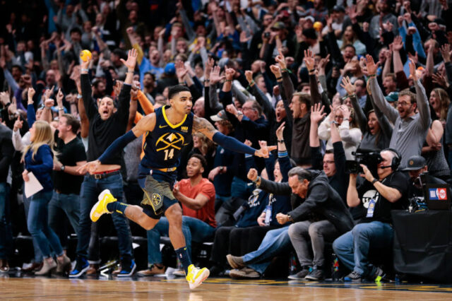 Denver Nuggets guard Gary Harris (14) celebrates after scoring the game winning basket at the end of the fourth quarter against the Oklahoma City Thunder at the Pepsi Center.