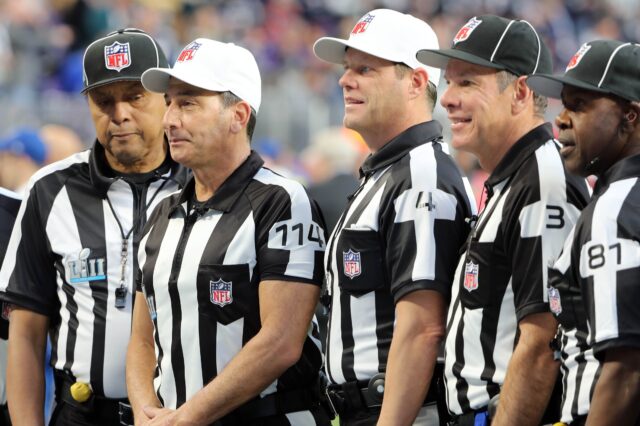 Gene Steratore, who was poached by NBC before the 2018 season, seen here before Super Bowl LII. Credit: Winslow Townson, USA TODAY Sports.