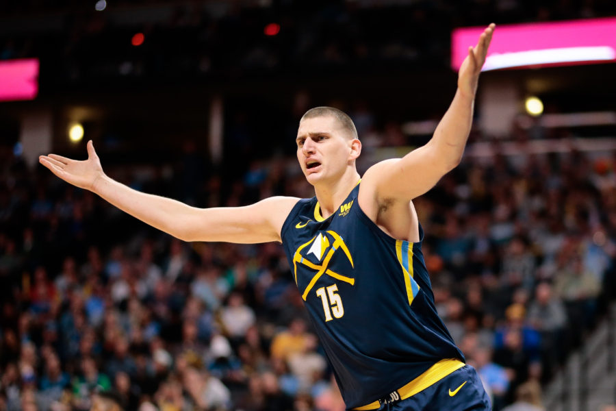 Denver Nuggets center Nikola Jokic (15) reacts after a play in the first quarter against the Minnesota Timberwolves at the Pepsi Center.