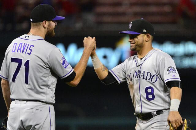 Wade Davis and Gerardo Parra celebrate the Rockies win on Tuesday. Credit: Jeff Curry, USA TODAY Sports.