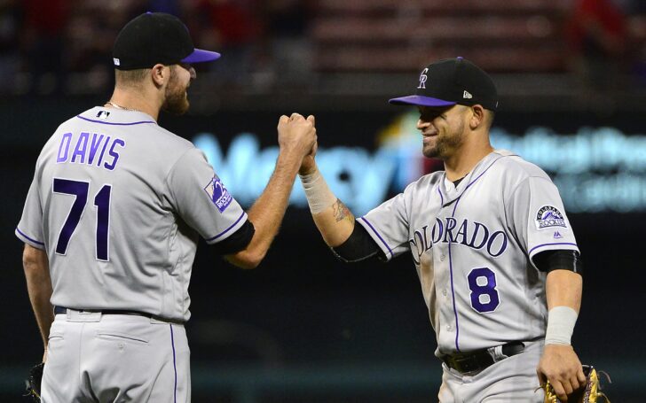 Wade Davis and Gerardo Parra celebrate the Rockies win on Tuesday. Credit: Jeff Curry, USA TODAY Sports.