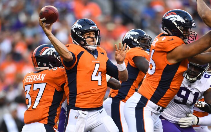Case Keenum throws off his back foot at high. Credit: Ron Chenoy, USA TODAY Sports.