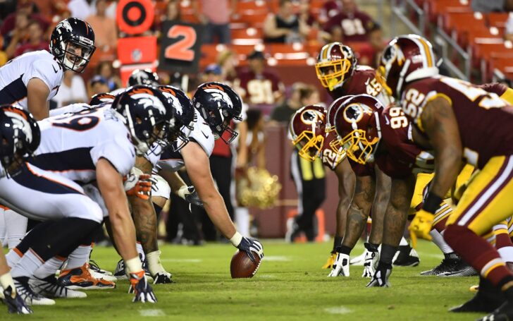 Broncos offensive line, Redskins defensive line. Credit: Brad Mills, USA TODAY Sports.