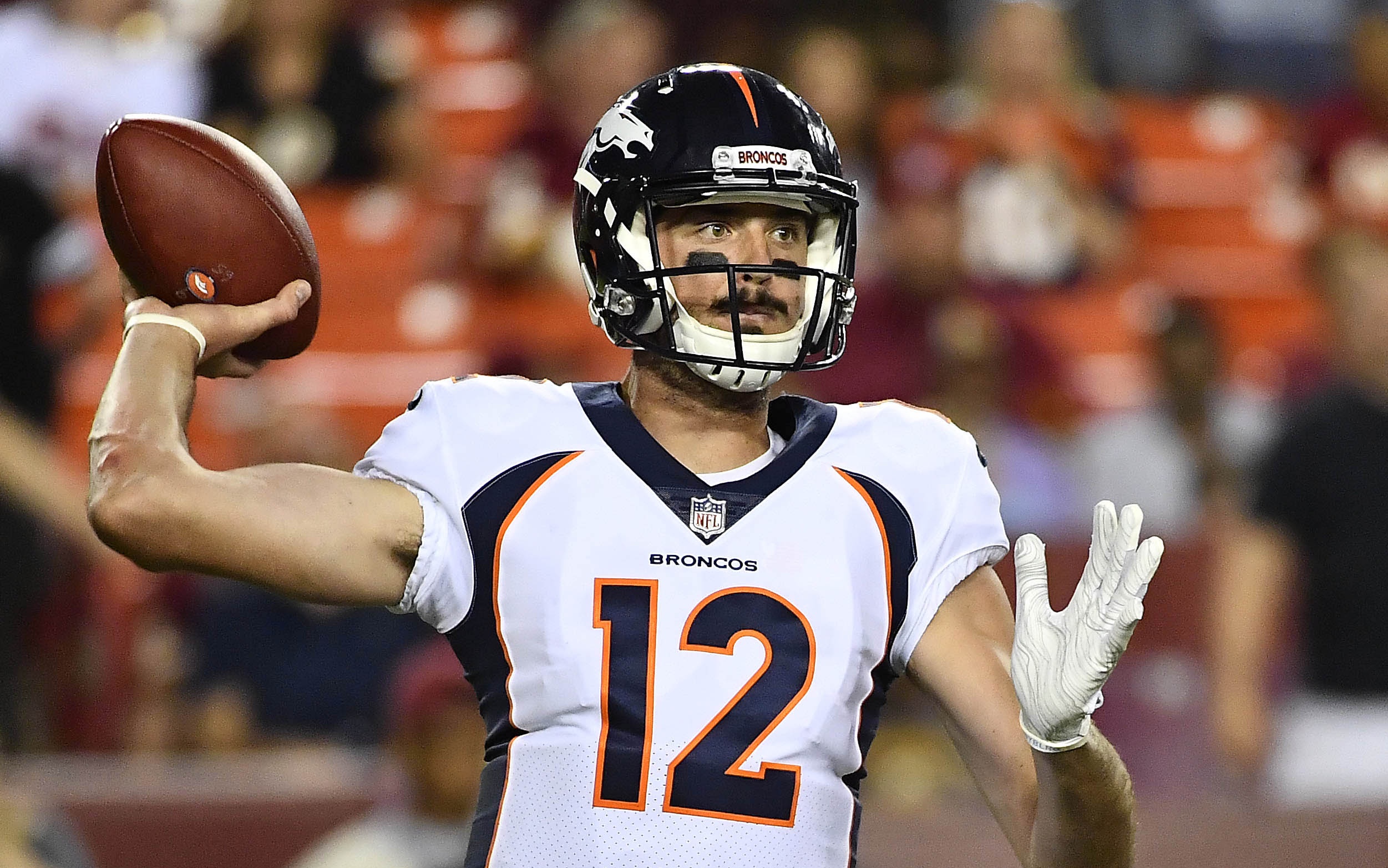 Paxton Lynch against the Redskins, Friday. Credit: Brad Mills, USA TODAY Sports.