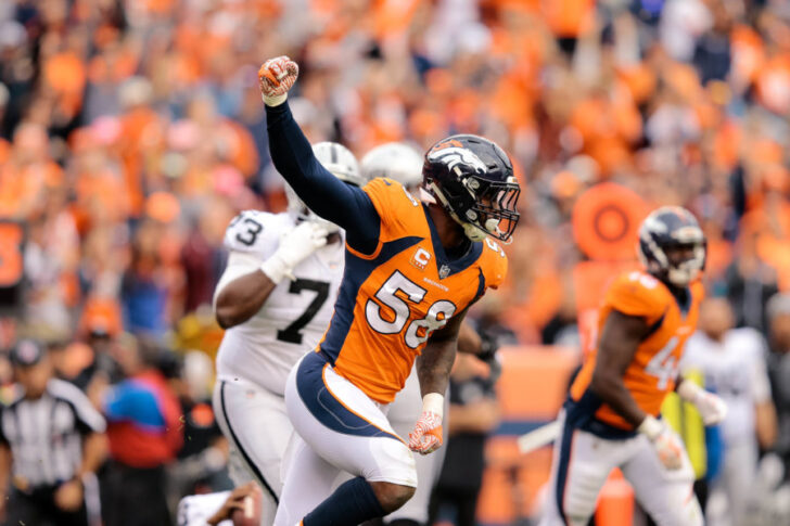 Denver Broncos outside linebacker Von Miller (58) reacts after a sack in the fourth quarter against the Oakland Raiders at Sports Authority Field at Mile High.