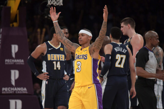 Los Angeles Lakers guard Isaiah Thomas (3) celebrates in the fourth quarter against the Denver Nuggets during an NBA basketball game at Staples Center. The Lakers defeated the Nuggets 112-103.