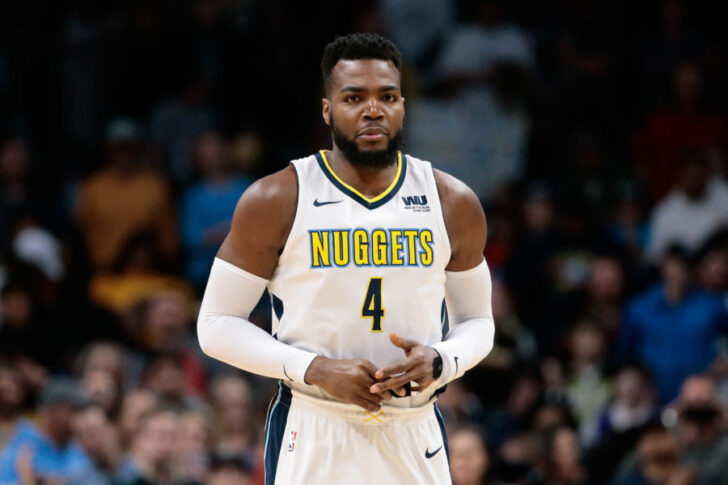 Denver Nuggets forward Paul Millsap (4) before the game against the Sacramento Kings at the Pepsi Center.