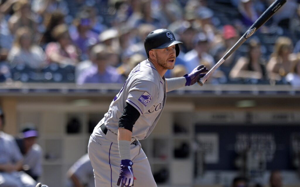 Trevor Story hits a double. Credit: Jake Roth, USA Today Sports.