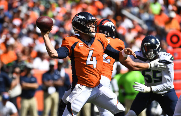 Denver Broncos quarterback Case Keenum (4) attempts a pass in the first quarter against the Seattle Seahawks at Broncos Stadium at Mile High.