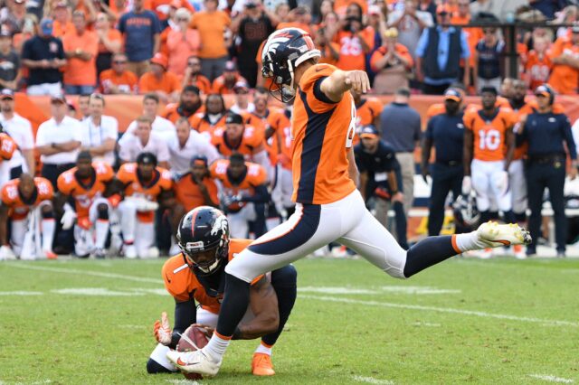 Brandon McManus kicks the game-winner against Oakland last weekend. Credit: Ron Chenoy, USA TODAY Sports.