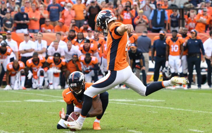 Brandon McManus kicks the game-winner against Oakland last weekend. Credit: Ron Chenoy, USA TODAY Sports.