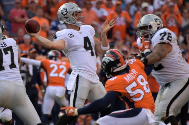 Derek Carr passes from a clean pocket. Credit: Kirby Lee, USA TODAY Sports.