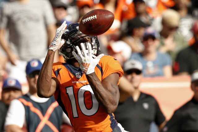 Emmanuel Sanders catches a deep ball. Credit: Isaiah J. Downing, USA TODAY Sports.
