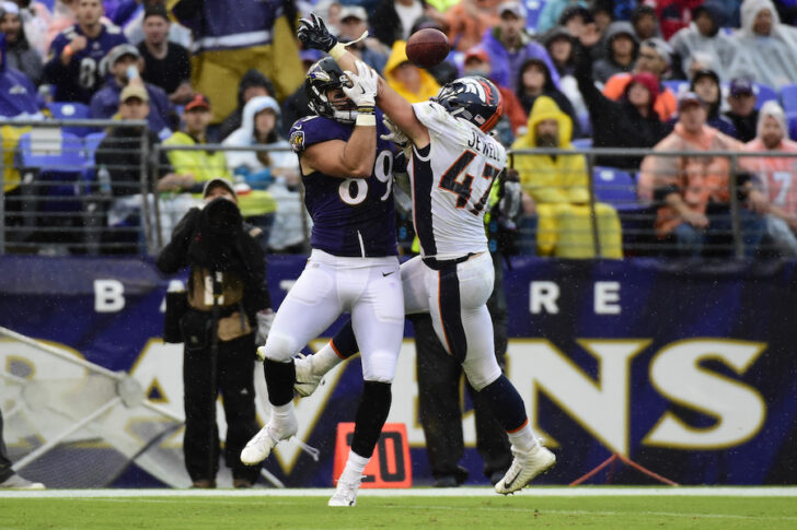 Denver Broncos linebacker Josey Jewell (47) breaks up a pass intended fro Baltimore Ravens tight end Mark Andrews (89) during the third quarter at M&T Bank Stadium.