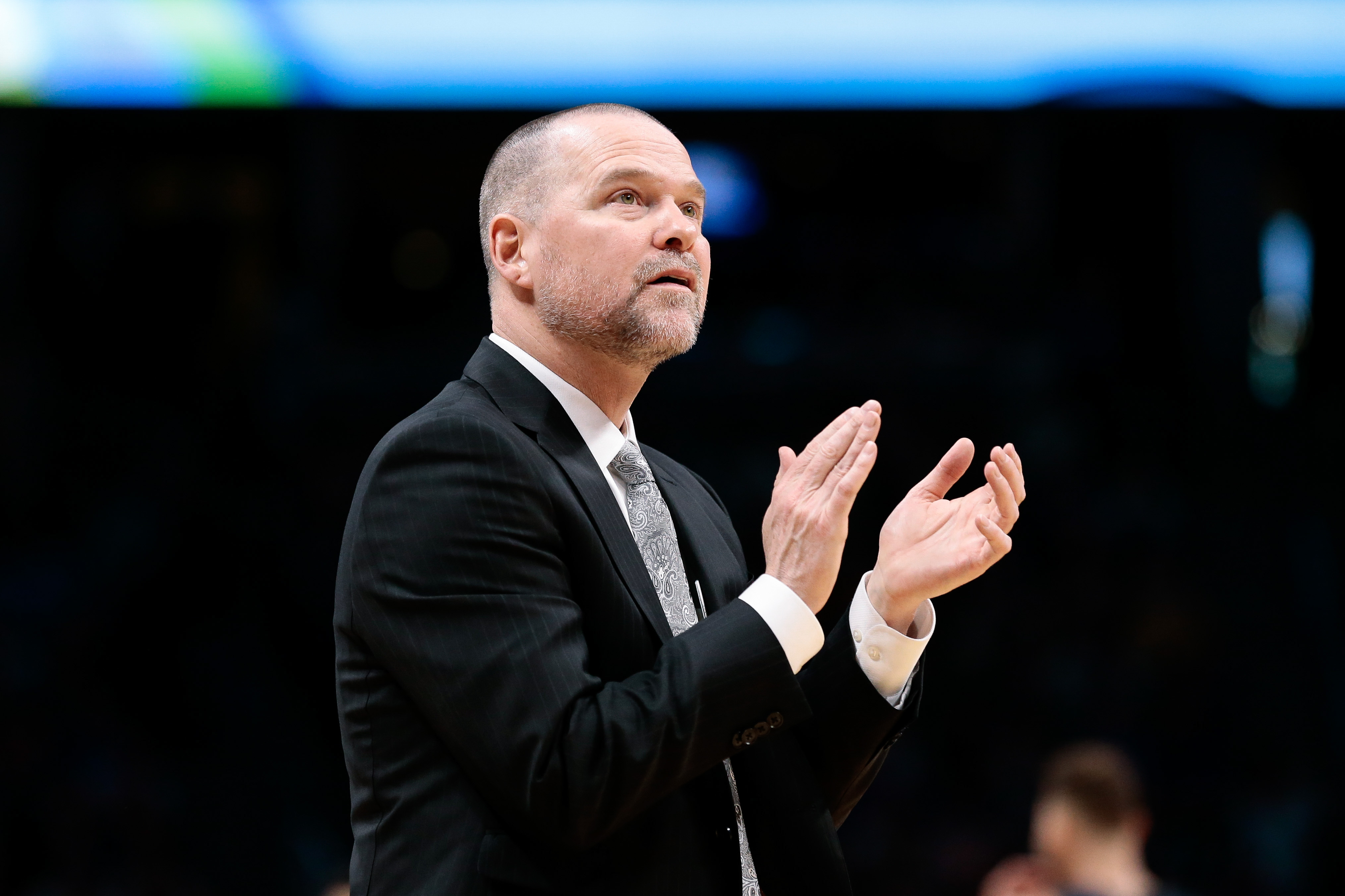 Denver Nuggets head coach Michael Malone reacts in the second quarter against the Detroit Pistons at the Pepsi Center.
