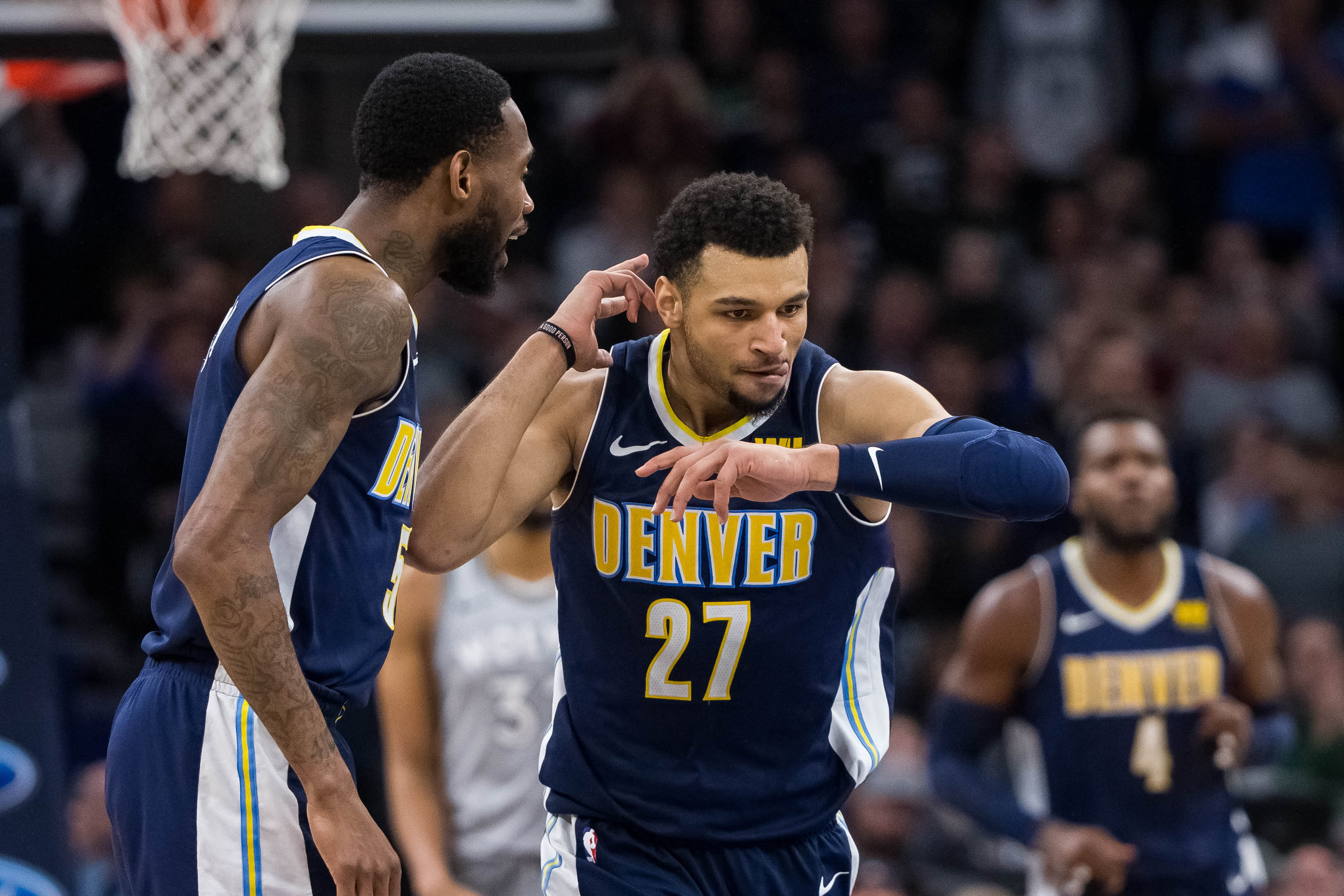 NBA: Denver Nuggets at Minnesota Timberwolves Denver Nuggets guard Jamal Murray (27) celebrates his basket in the fourth quarter against Minnesota Timberwolves at Target Center.