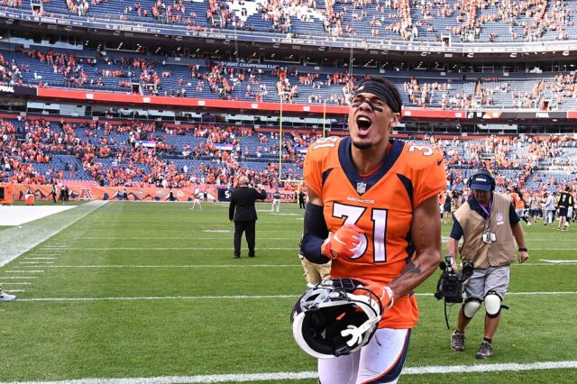Justin Simmons after Broncos - Raiders game. Credit: Ron Chenoy, USA TODAY Sports.