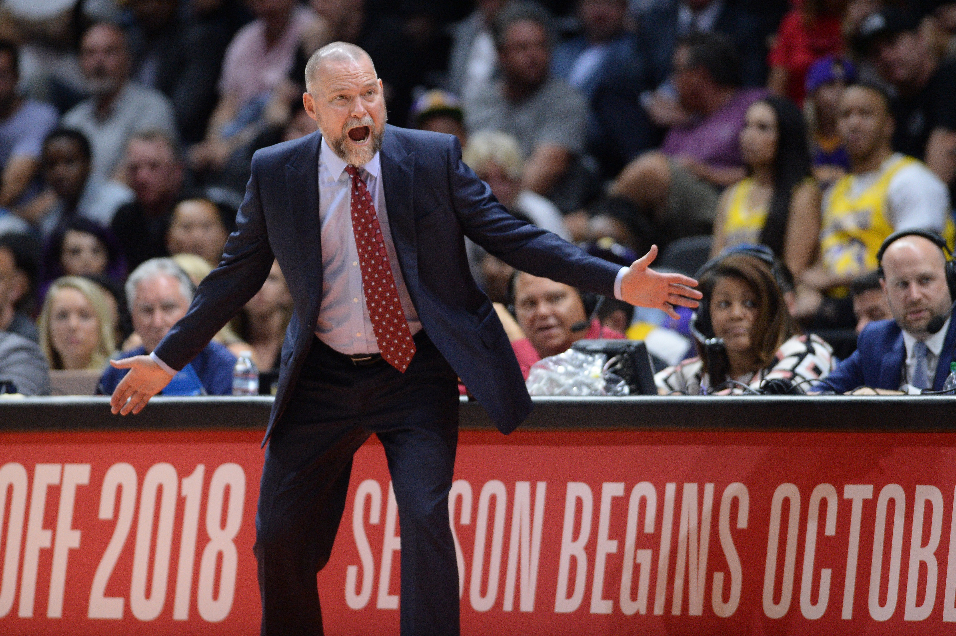 NBA: Preseason-Denver Nuggets at Los Angeles Lakers Denver Nuggets head coach Michael Malone reacts during the second quarter against the Los Angeles Lakers at Valley View Casino Center.