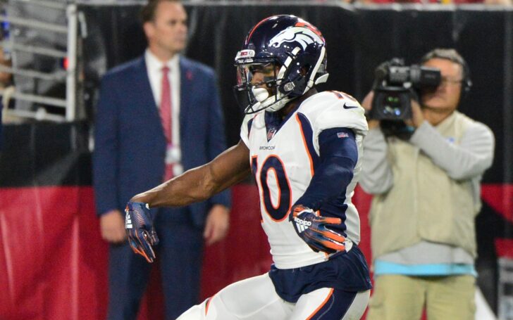Emmanuel Sanders dances after a touchdown. Credit: Matt Kartozian, USA TODAY Sports.
