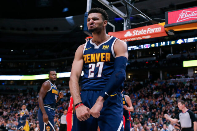 Denver Nuggets guard Jamal Murray (27) reacts after a play in the second quarter against the New Orleans Pelicans at the Pepsi Center.