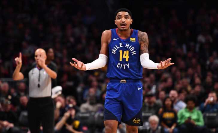 Denver Nuggets guard Gary Harris (14) reacts to consecutive fouls called on him during the second half against the Brooklyn Nets at the Pepsi Center