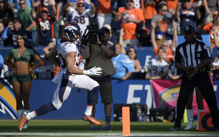 Philip Lindsay's touchdown. Credit: Jake Roth, USA TODAY Sports.