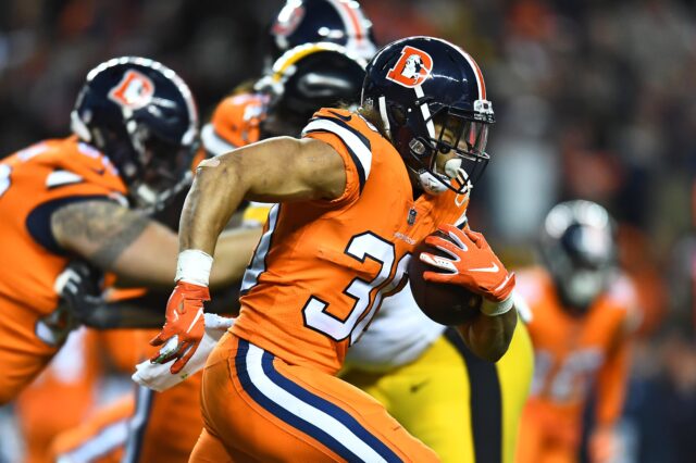 Phillip Lindsay runs against Pittsburgh. Credit: Ron Chenoy, USA TODAY Sports.