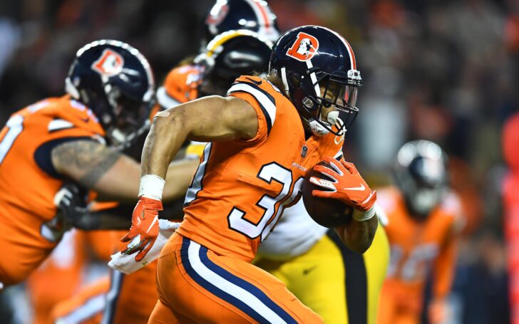 Phillip Lindsay runs against Pittsburgh. Credit: Ron Chenoy, USA TODAY Sports.