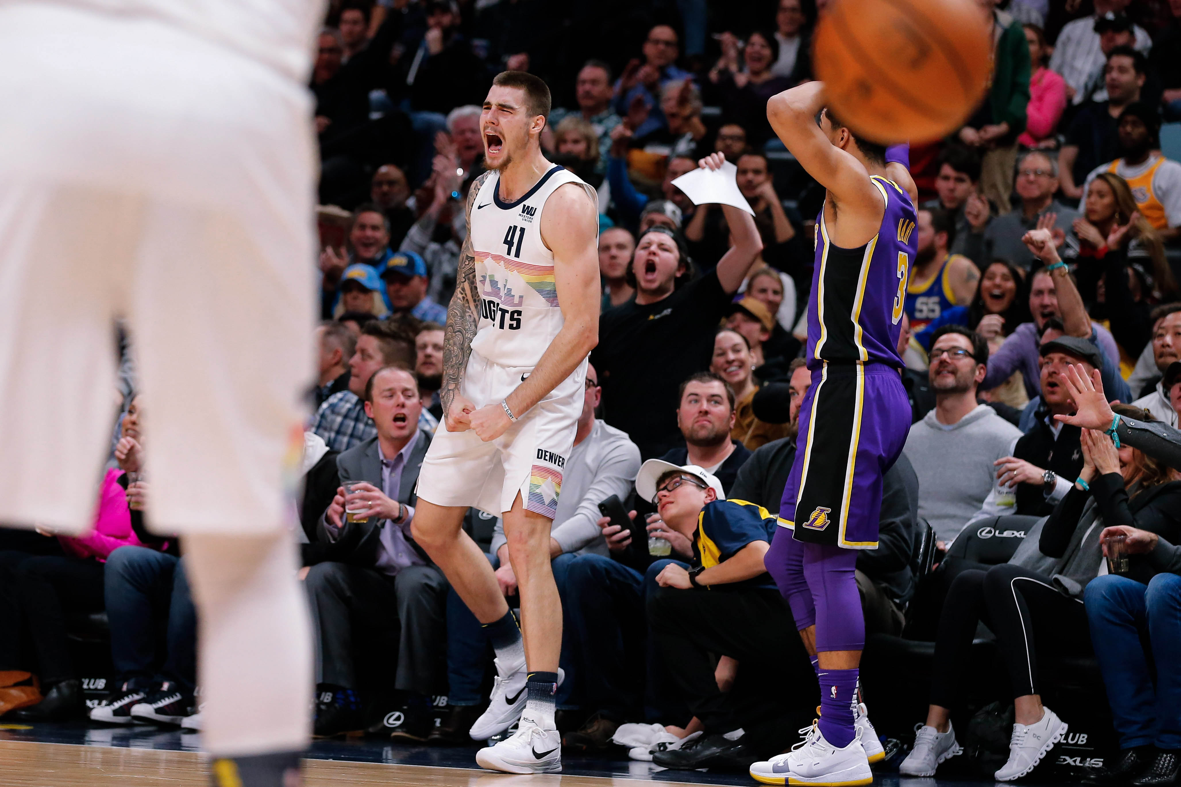NBA: Los Angeles Lakers at Denver Nuggets Denver Nuggets forward Juancho Hernangomez (41) reacts in the second quarter after receiving a foul from Los Angeles Lakers guard Josh Hart (3) at the Pepsi Center.