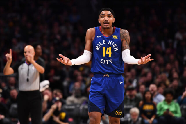 Denver Nuggets guard Gary Harris (14) reacts to consecutive fouls called on him during the second half against the Brooklyn Nets at the Pepsi Center.