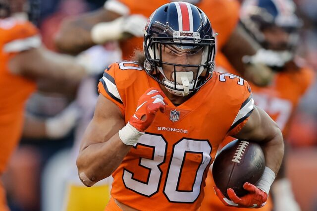 Phillip Lindsay runs against the Steelers. Credit: Isaiah J. Downing, USA TODAY Sports.