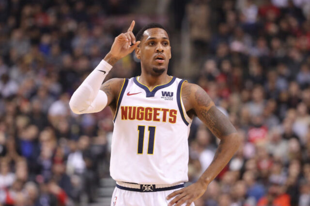 Denver Nuggets guard Monte Morris (11) reacts during their game against the Toronto Raptors at Scotiabank Arena. The Nuggets beat the Raptors 106-103.