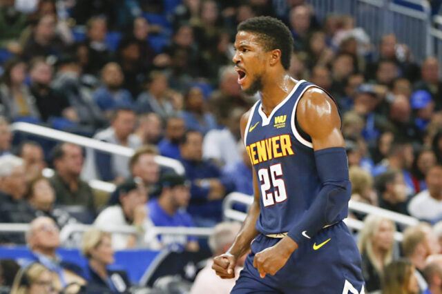 Denver Nuggets guard Malik Beasley (25) celebrates a three point basket during the second half against the Orlando Magic at Amway Center.