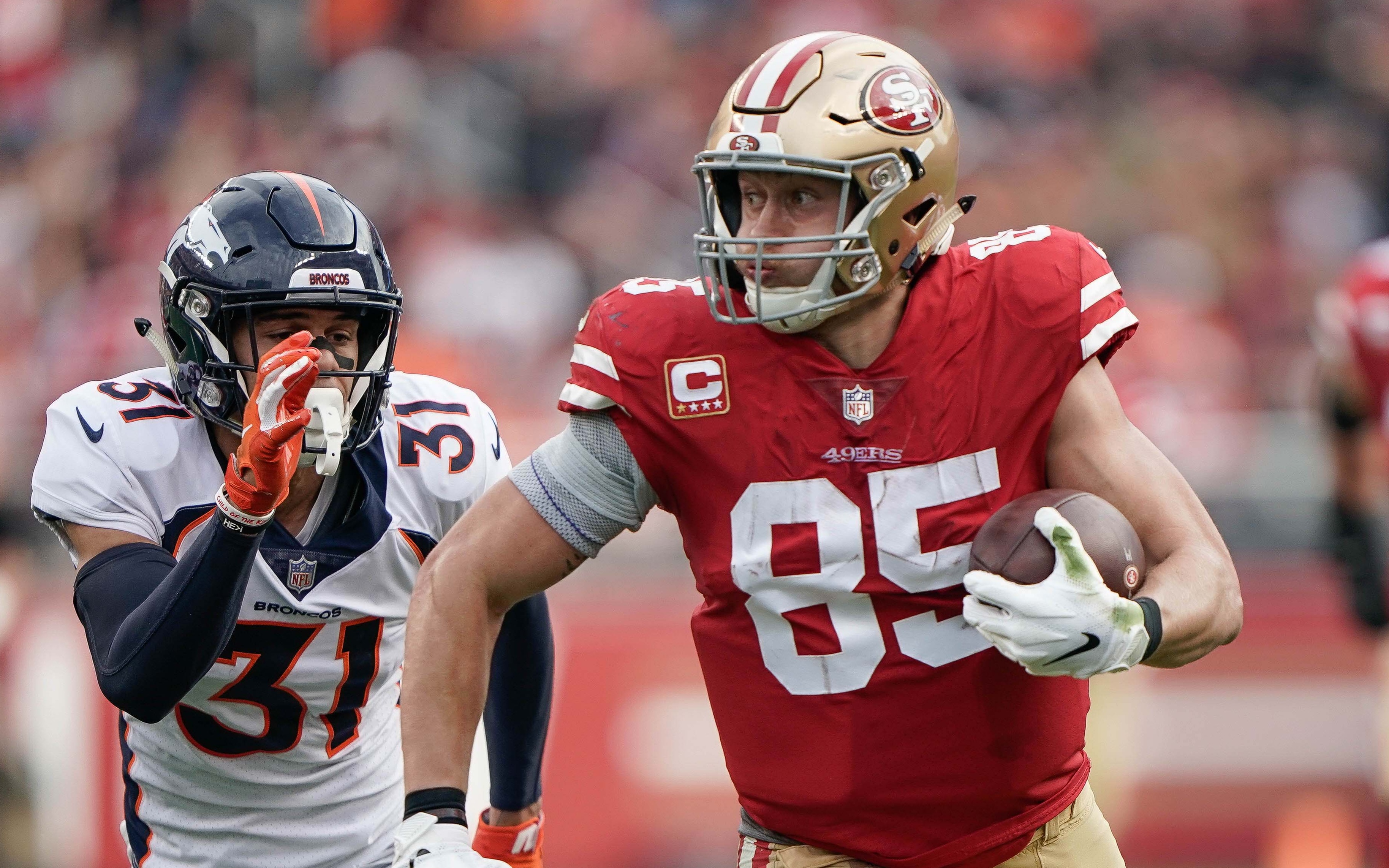 USATSI_11818439 Cropped George Kittle on his 85-yard touchdown. Credit: Stan Szeto, USA TODAY Sports.