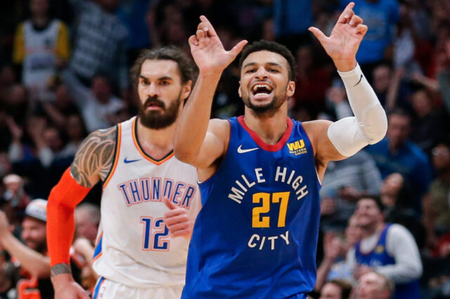 Denver Nuggets guard Jamal Murray (27) reacts after a play in the fourth quarter against the Oklahoma City Thunder at the Pepsi Center.