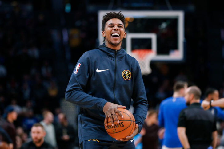 Denver Nuggets guard Nick Young (34) warms up before the game against the Dallas Mavericks at the Pepsi Center.