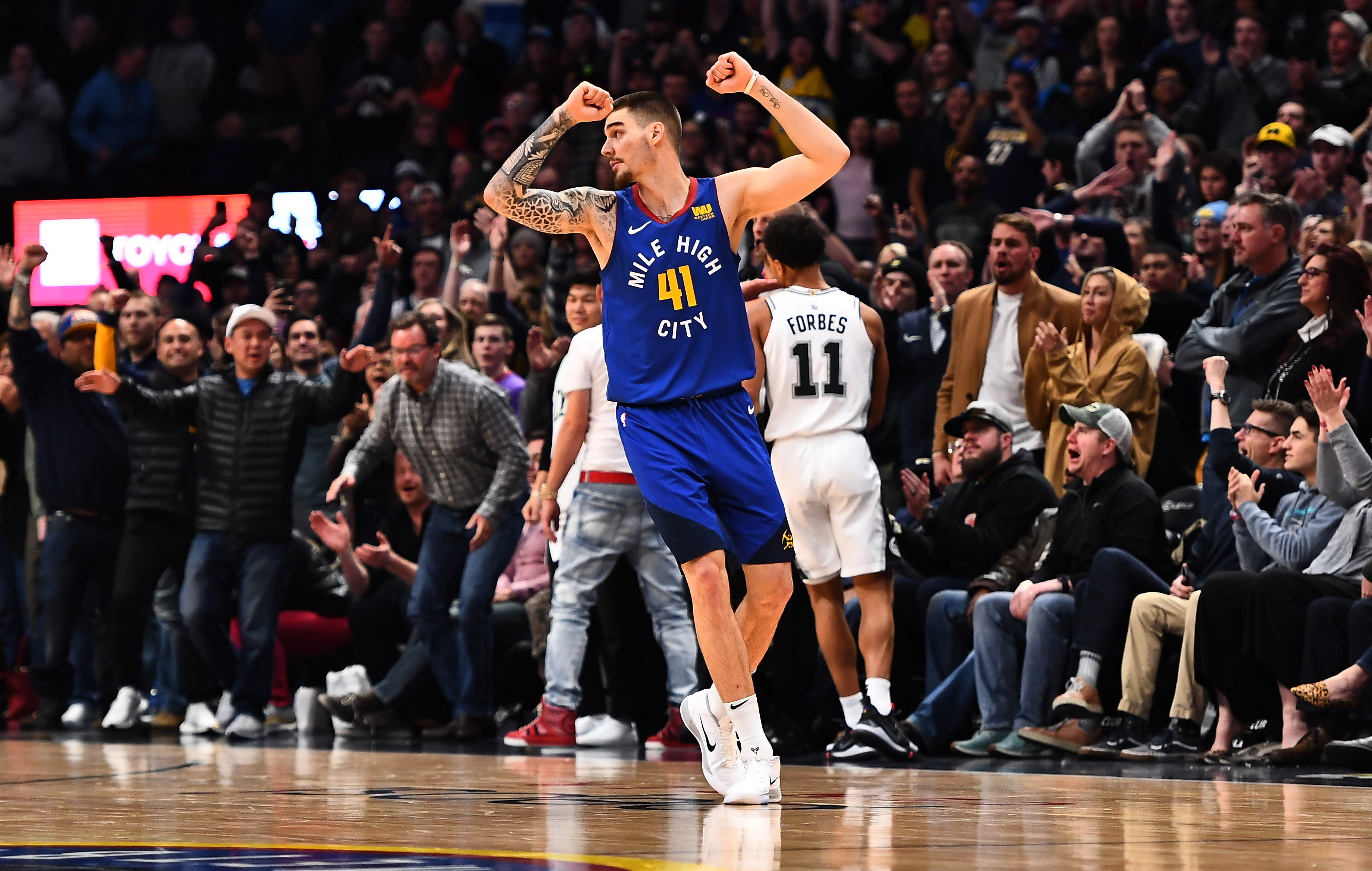 NBA: San Antonio Spurs at Denver Nuggets Denver Nuggets forward Juan Hernangomez (41) celebrates the win over the San Antonio Spurs at the Pepsi Center.