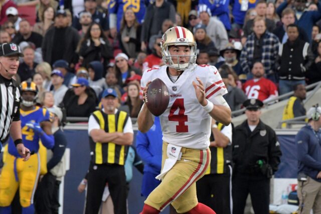 Nick Mullens roll-out. Credit: Kirby Lee, USA TODAY Sports.