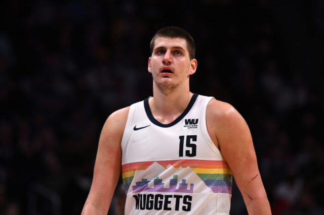 Denver Nuggets center Nikola Jokic (15) during the second half against the Portland Trail Blazers at the Pepsi Center.