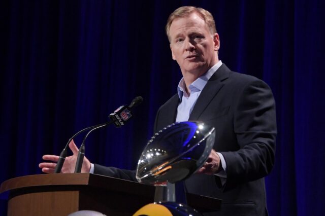 Roger Goodell speaks in Atlanta before the Super Bowl. Credit: Kirby Lee, USA TODAY Sports.