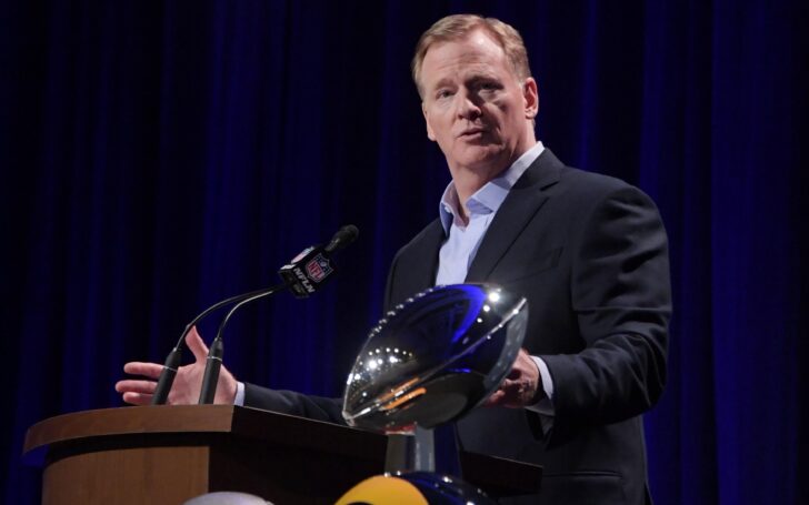 Roger Goodell speaks in Atlanta before the Super Bowl. Credit: Kirby Lee, USA TODAY Sports.