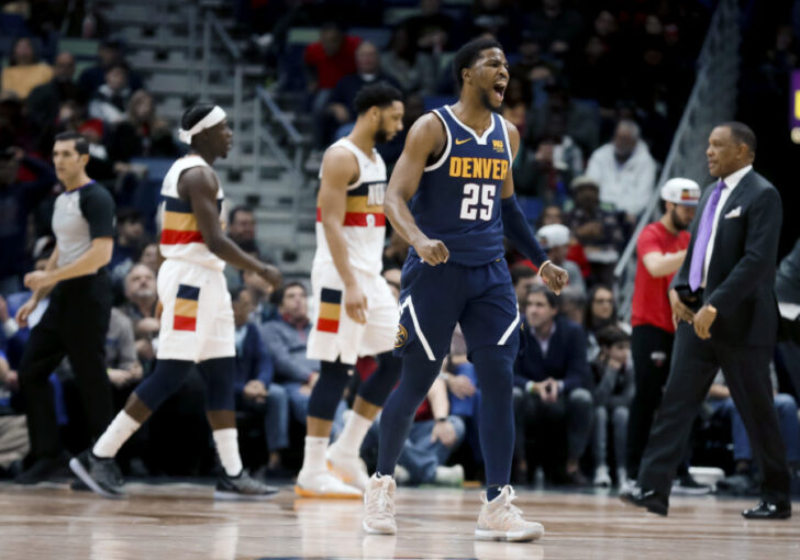 New Orleans, LA, USA; Denver Nuggets guard Malik Beasley (25) reacts after scoring against the New Orleans Pelicans during the second half at the Smoothie King Center.